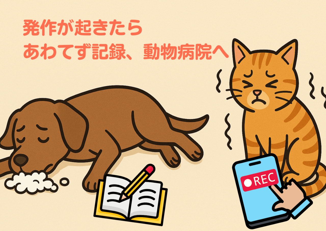 「発作が起きたら慌てず記録、動物病院へ」の図解：犬が泡を吹いて倒れている→ノートで時間を記録／猫の痙攣がとまらない→スマートフォンで録画
