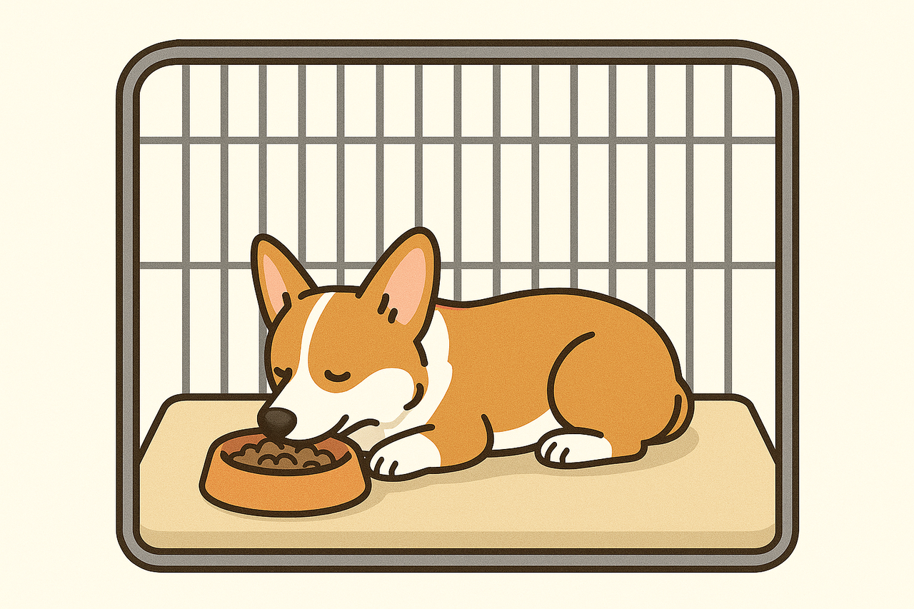 ケージレストのイメージ：犬の体長の1.5倍程度の広さのケージで安静にする。食事もケージ内で摂る。