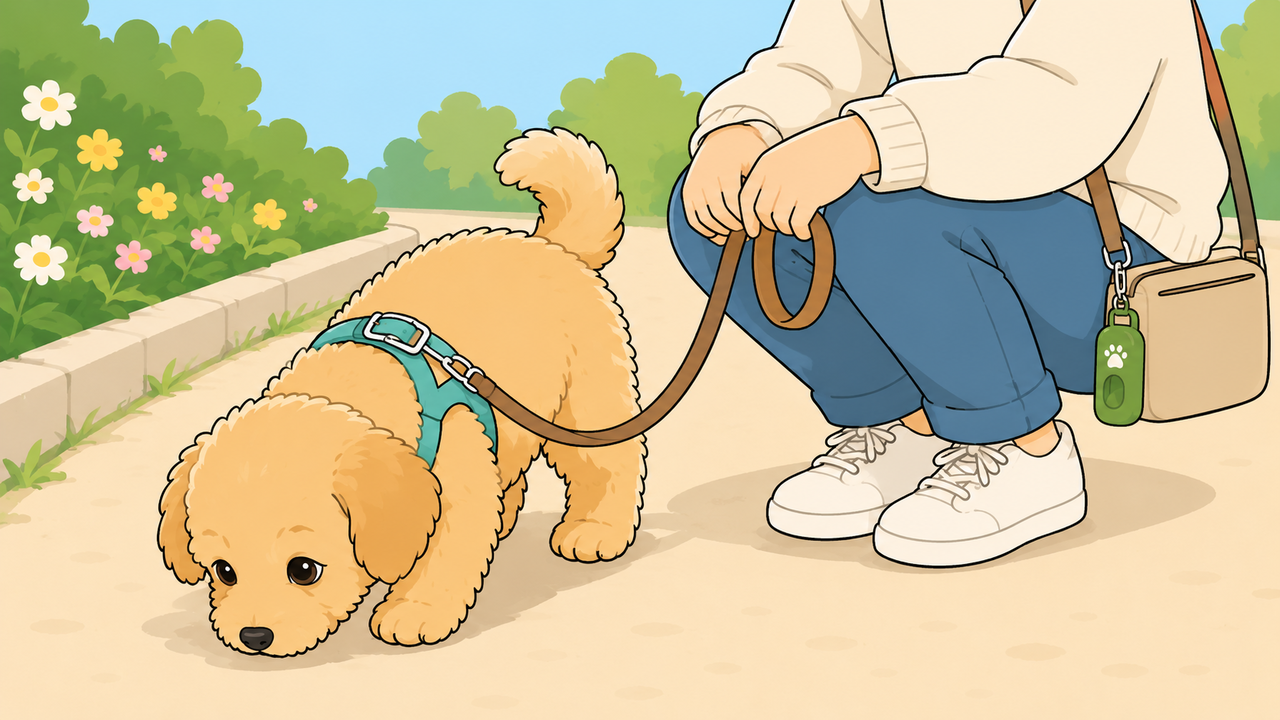 ニオイを嗅ぐ子犬とゆったり待つ飼い主様の散歩デビューのイメージ