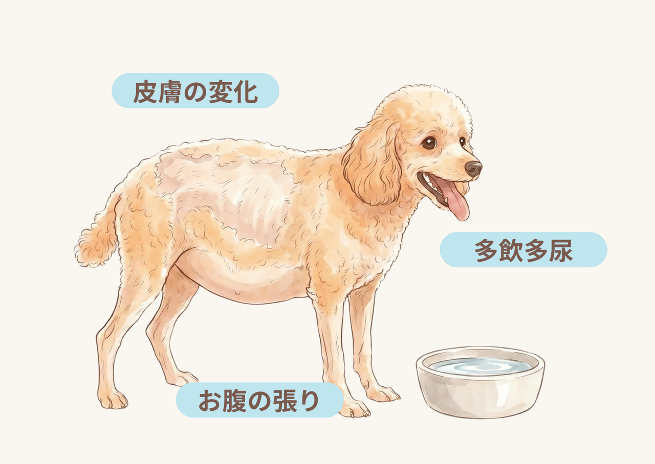 クッシング症候群が疑われる、被毛が薄くなり（皮膚の変化）、水をたくさん飲み（多飲多尿）、お腹がポッコリ膨らんでいる「お腹の張り」プードルのイメージ画像