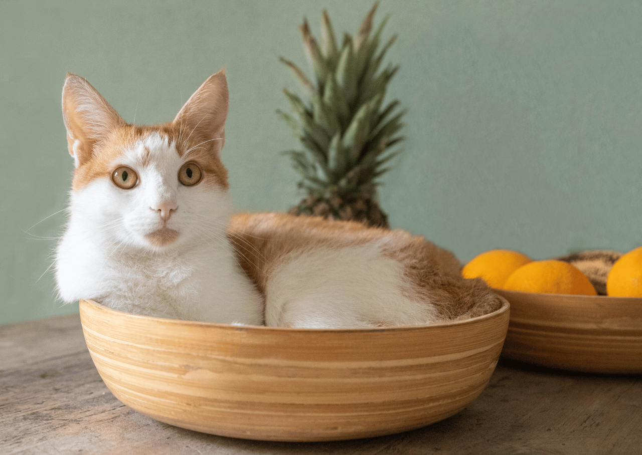 いわゆる「猫鍋」のように、狭い菓子盆に入り丸まる猫の写真