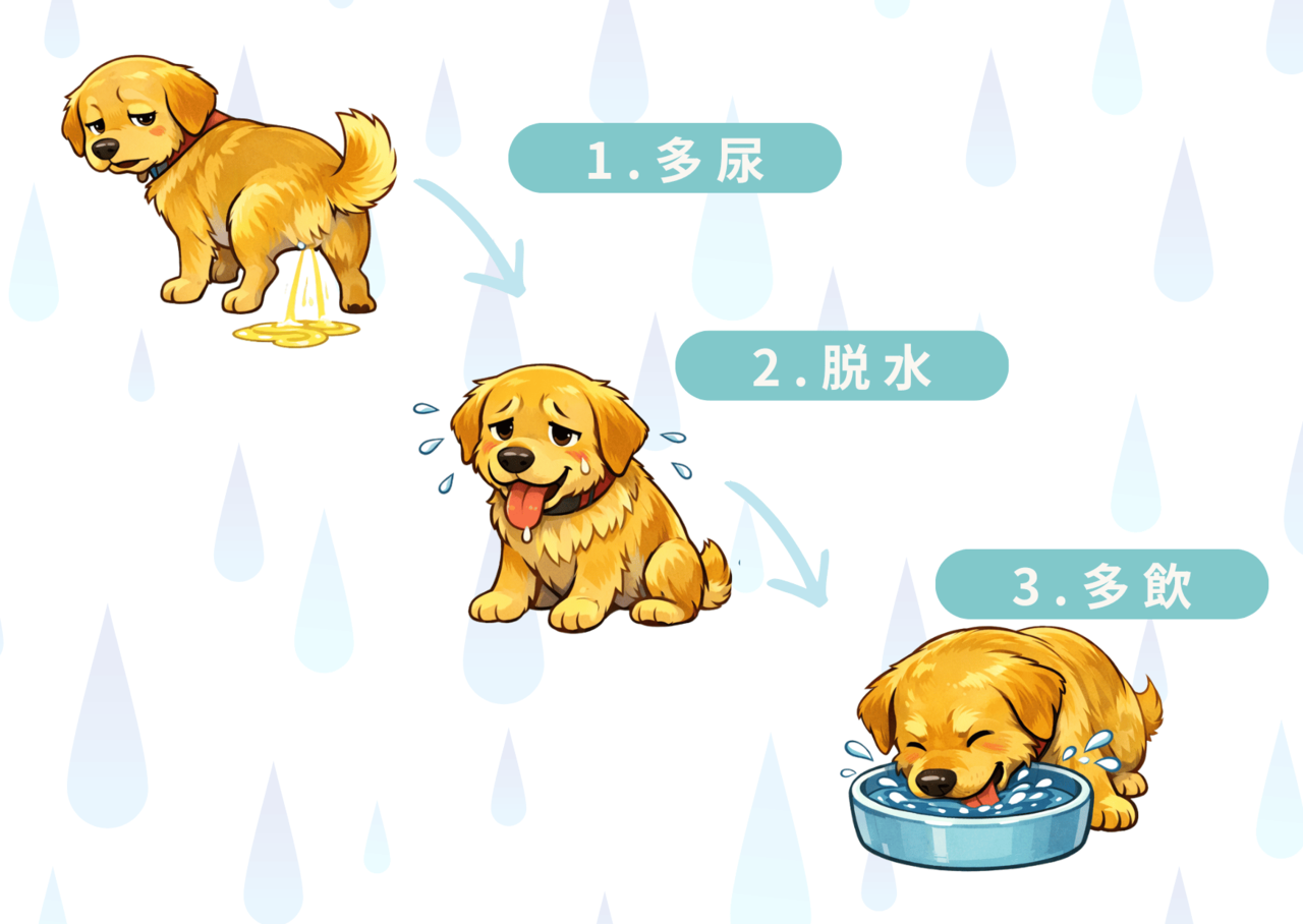 病気の時は「多尿」に始まり、「脱水」が起こり、「多飲」につながるという犬のイラストのステップ