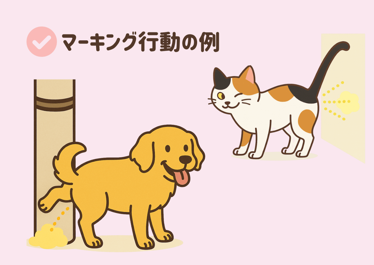 図解「マーキング行動例」：犬は片足を上げて外でおこなう／猫は壁に向かってスプレー尿を噴射する