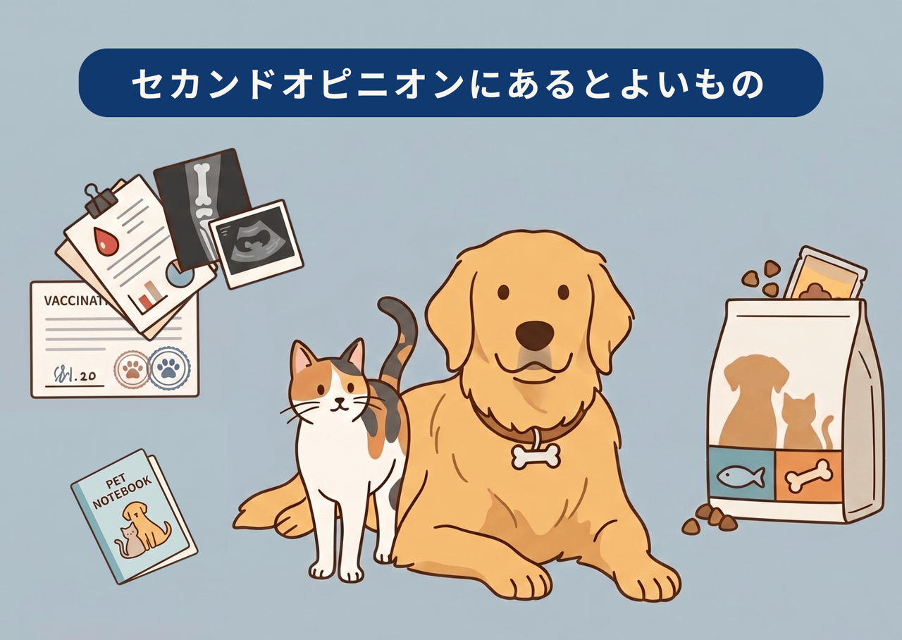 セカンドオピニオンに持参してほしい情報：接種の履歴が分かるもの、レントゲン写真や経過のメモ、フードの情報