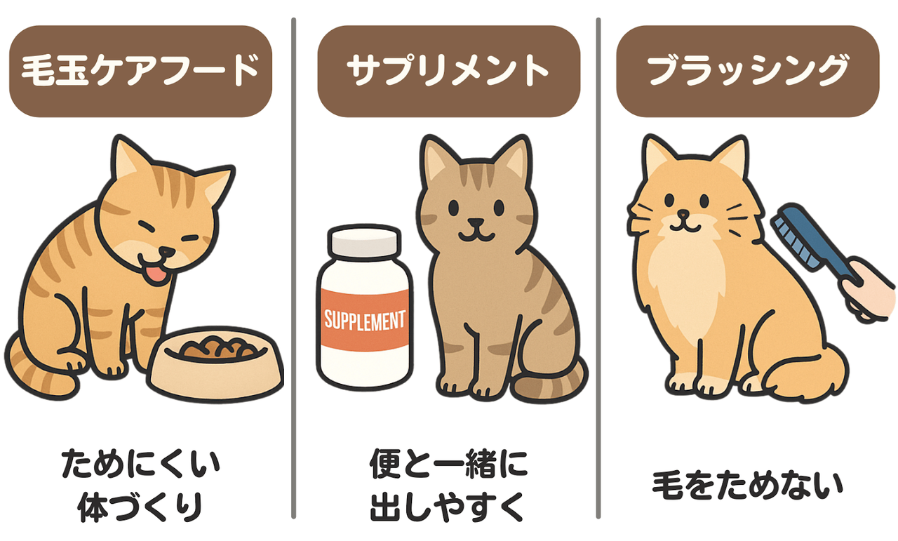 毛玉対策イラスト：「毛玉ケアフード」ためにくい体づくり「サプリメント」で便と一緒にだしやすく「ブラッシング」で毛をためない