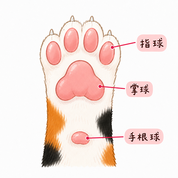 猫の肉球図解：指先から指球、掌球、手根球