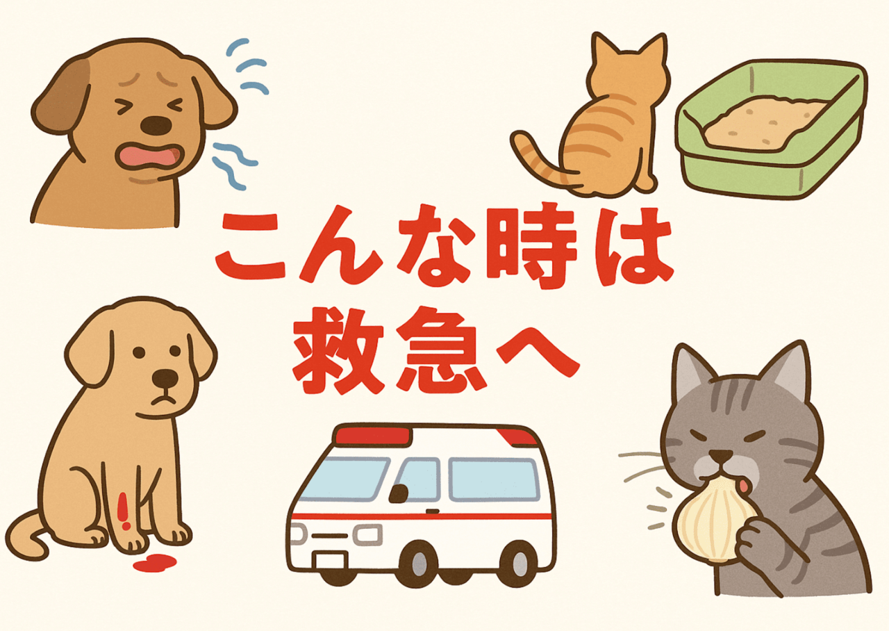 救急にかかるべきシーンのイラスト：呼吸が苦しそうな犬／トイレに行かない猫／出血が止まらない犬／玉ねぎなど誤食をした猫