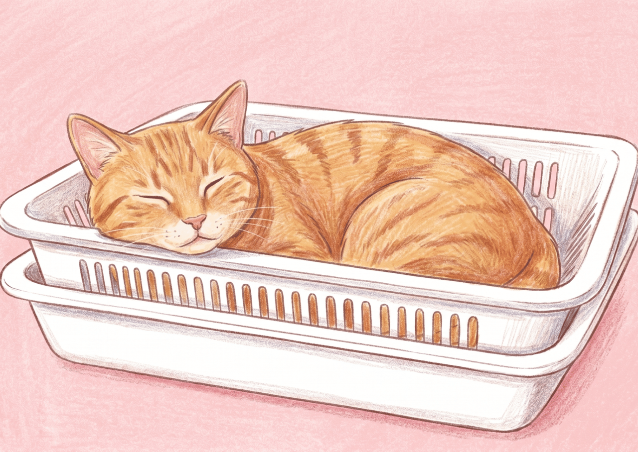 猫の体がすっぽり入るくらいのトレーを2枚重ねた「簡易トイレ」DIYのイメージイラスト